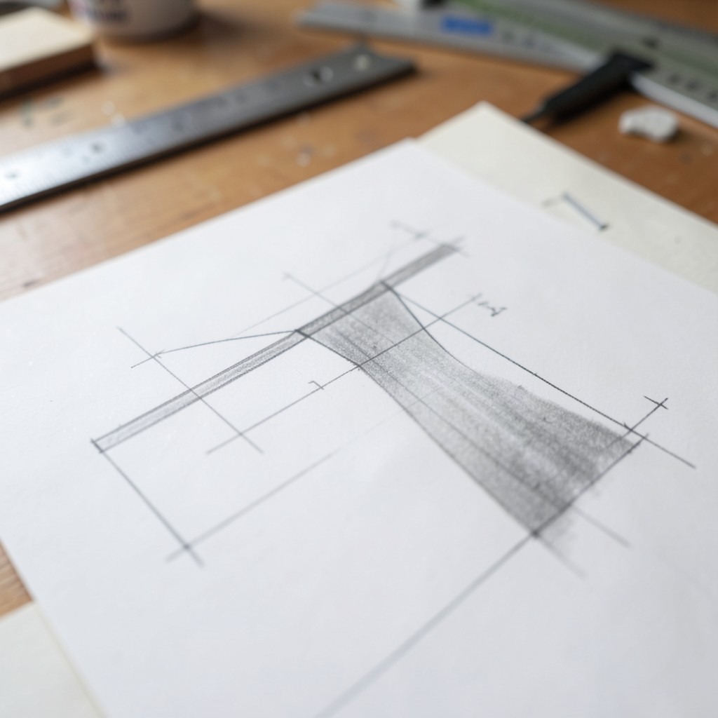 Hand sketch of a three-span continuous beam with moment diagram annotations