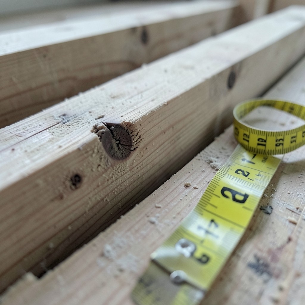 Close-up of notched timber floor joists with measuring tape