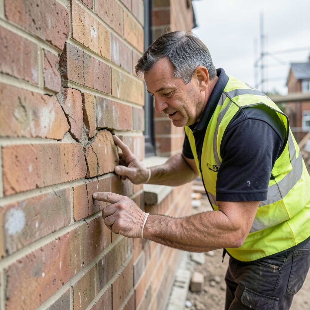 Engineer inspecting masonry and structural fabric on a building site