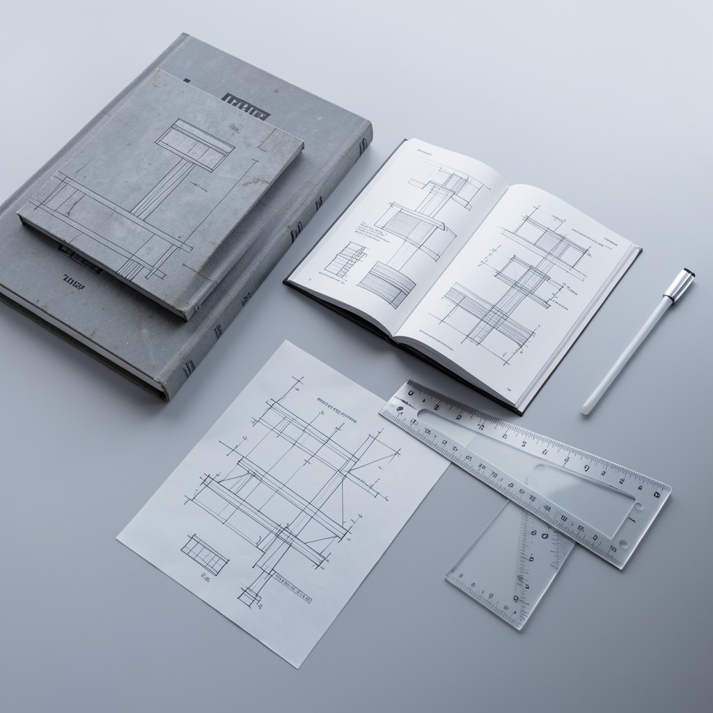 Design studio table with steel section tables and concrete reinforcement sketches