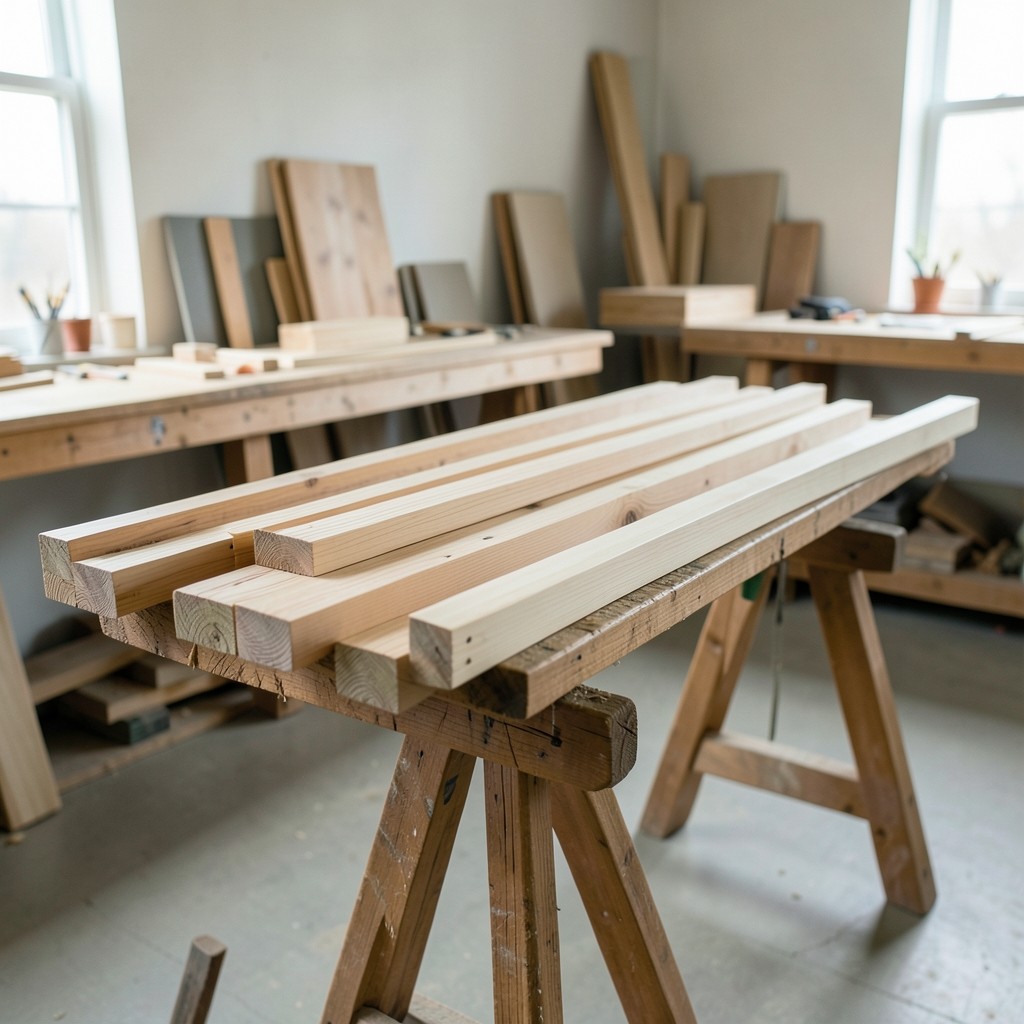 Timber joists and roof framing details laid out for a workshop