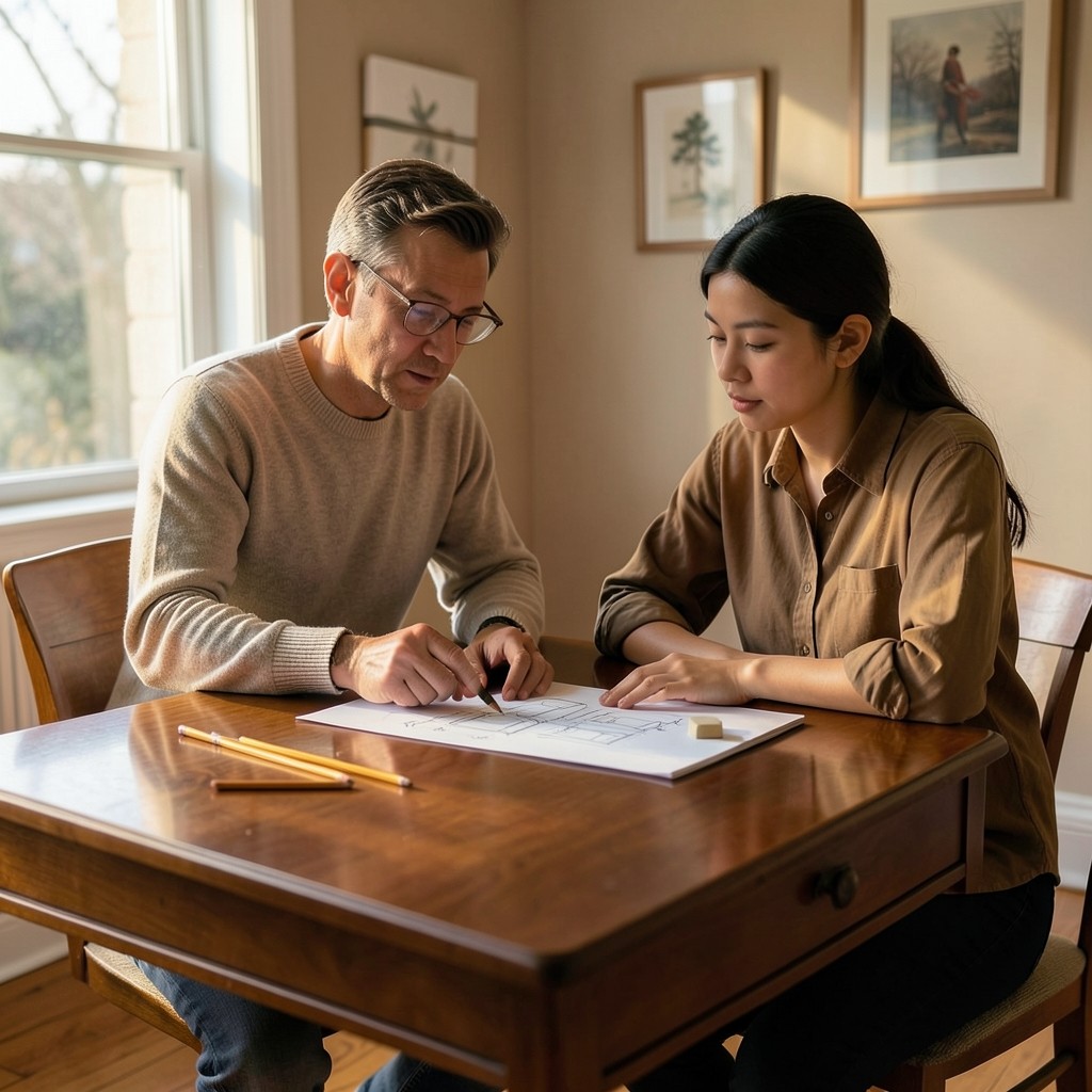 Tutor and student reviewing structural exam sketches at a desk