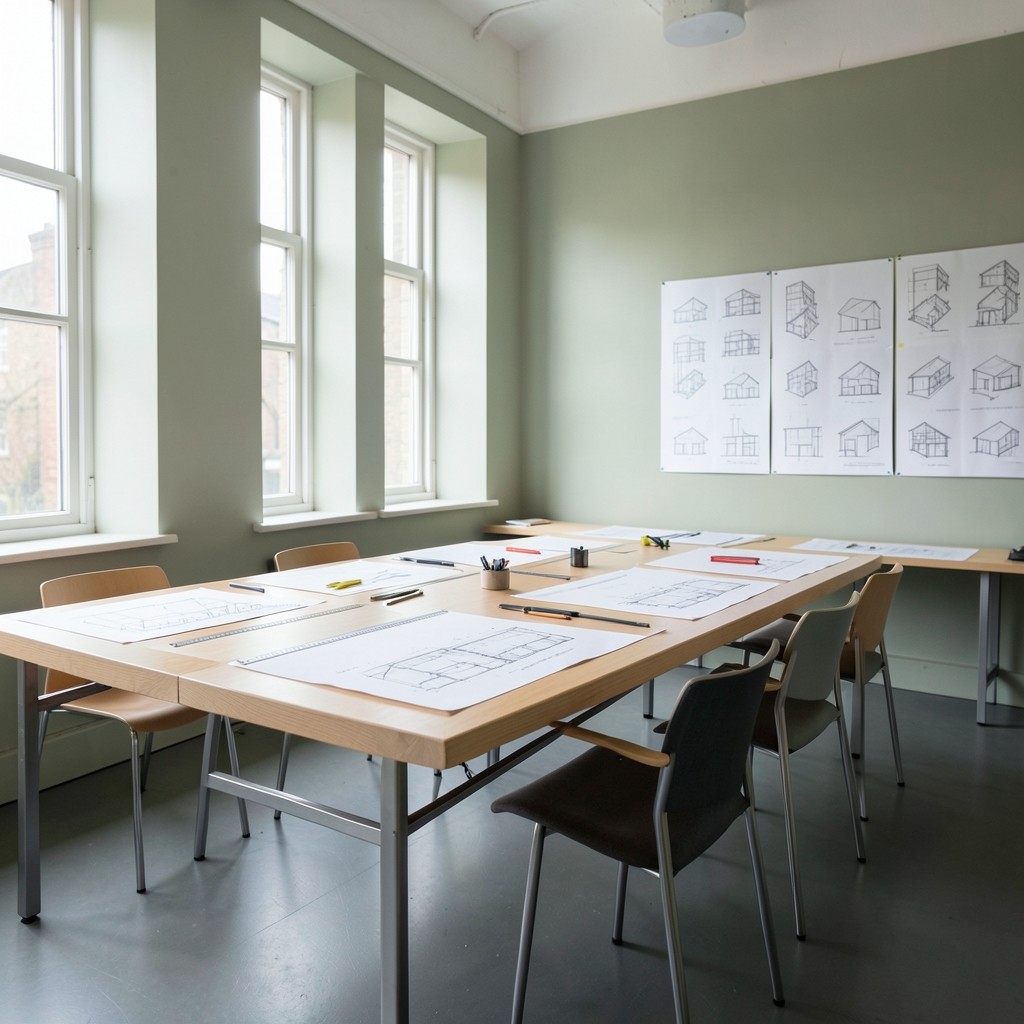 Bright structural engineering teaching studio with drafting tables and framed elevation drawings